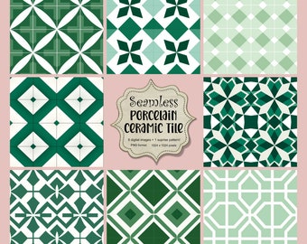8 Green and White Seamless Patterns Green Ceramic Porcelain Pattern Green Geometric Tile Designs Instant Download Plus 1 FREE Bonus design