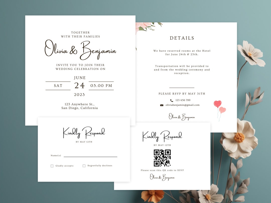 Printable Wedding Set Simple Invitation Elegant Invitation Template ...