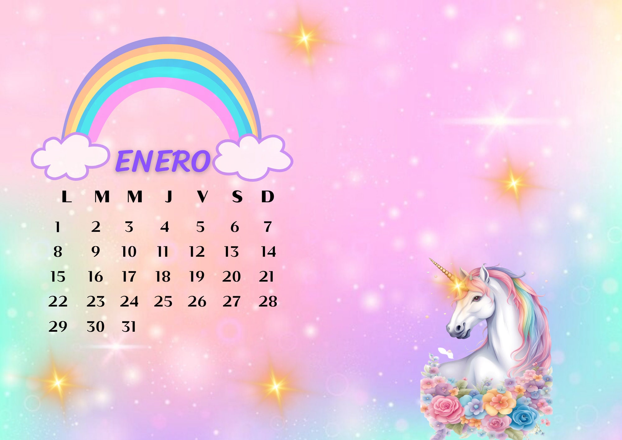 Beautiful Unicorns and Rainbows Printable 2024 Calendar, 27 Pages