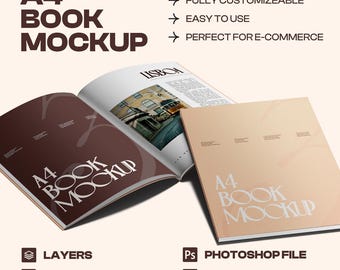 A4 Buch Mockup - Vollständig bearbeitbares Cover & Seiten, realistische PSD Vorlage