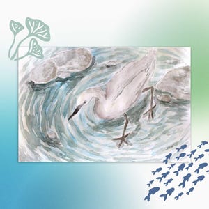Marchez comme une aigrette - carte postale - petite affiche originale et unique en son genre, aquarelle, galerie d'art mural, sur le thème de la faune