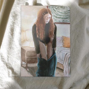 Postal con impresión de acuarela "Getting Changing" / Colección de galería de arte para pared de dormitorio / Ambiente tranquilo, estilo realista, decoración en tonos pastel suaves
