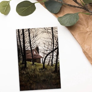 Casa en un bosque oscuro: postal de bellas artes, cabaña de madera, árboles, boceto de la naturaleza, espeluznante y acogedor, arte de sombras de Halloween, decoración rústica, regalo