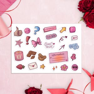 Stickervellen pictogramillustratie – Unieke kunst voor haar, vrouwelijk, girly stickers, zelfzorgaffirmaties, planner en dagboek, scrapbooking