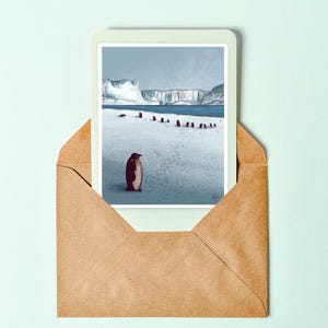 Pegatina troquelada de pingüino adorable: ilustración de animal de invierno, arte original para planificadores, creación de tarjetas, exteriores, paisaje nevado, rectangular