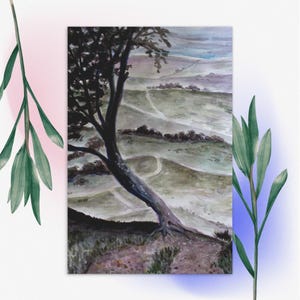 Carte postale design aquarelle paysage des collines tristes - petite affiche de décoration murale, thème de la nature, tons verts et bleus, cadeau de papeterie bien pensé