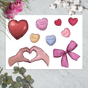 Valentijnsdag stickervel 1 - originele romantische kunst, unieke liefdesstickers voor kaarten maken, scrapbooking, knutselen, met hartballon