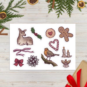 Hojas de pegatinas con ilustraciones navideñas: arte original de animales y repostería, suministros para manualidades navideñas, pegatinas para planificadores, álbumes de recortes, creación de tarjetas