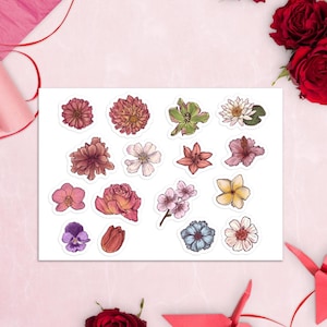 Feuille d'autocollants d'illustrations florales - Nature botanique originale, rose, lys, orchidée, joli agenda, autocollants artisanaux, fabrication de cartes, scrapbooking