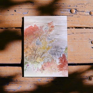 Carte postale aquarelle automne Pigeon Bush - impression d'art nature buisson automne, petite affiche pour décoration murale de galerie