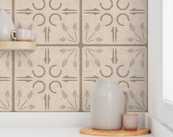 Farmhouse Horseshoe Wallpaper -DIY- Peel & Stick Removable - Faux Stone Tile - Equestrian Makeover Western Ranch, Taupe Light Brown Beige