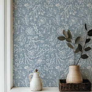 Hand-drawn Wildflowers on Linen - Peel & Stick Wallpaper - Soft Blue Floral Wallcovering - Rustic Western Country Cottage Decor - Denim Look