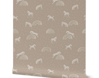 Horses & Rainbows Wallpaper -DIY Peel and Stick Removable - Farmhouse Equestrian Barn Western Nursery, Warm Neutral Taupe Tan Mocha Brown