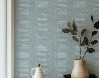 Blue Gray Farmhouse Ticking Stripe Peel & Stick Wallpaper | Soft Coastal Cottage Wallpaper | Hand Drawn Lines | Rustic French Country Stripe