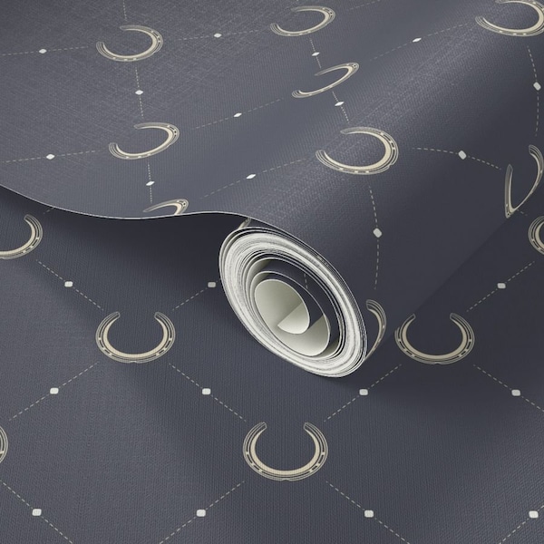 Horseshoe Crossing Wallpaper - DIY - Peel & Stick Removable Lining for Drawers, Cupboards and Cabinets, Equestrian Makeover, Dark Grey Blue