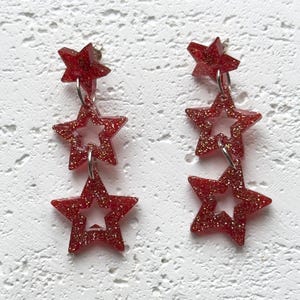 Funky Handcrafted Glittery Red Little 3 Stars Statement Earrings