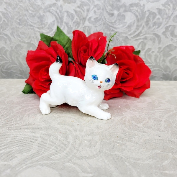 Vintage Porcelain Cat Figurine With Blue Rhinestone Eyes. Japan Cat Figurine. Kitsch Blue Eyed Cat Figurine.