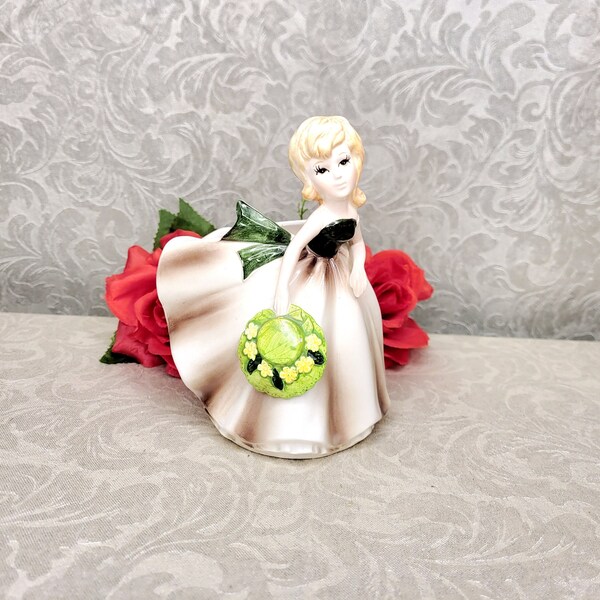 Vintage Relpo Lady/Girl Planter #5878. Kitsch Lady Figurine Planter. Collectable Relpo Lady Planter. Lady with Floral Hat Planter. Green.