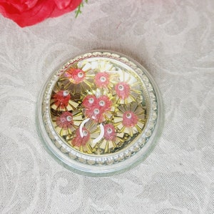 Vintage Foil Fan Glass Dome Paperweight with Beaded Belt Bottom. MCM Paperweight. Kitsch Pink/Gold Foil Fan Paperweight.