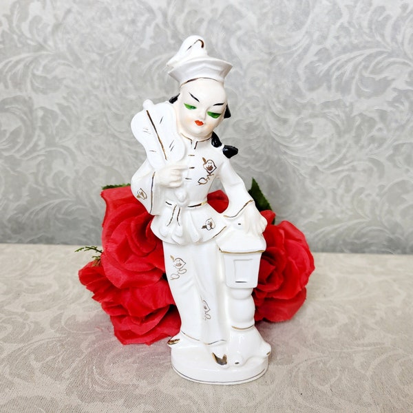Vintage Asian Musician Figurine. Porcelain Figurine with Green Eyes. Musician with Violin Figurine. Made in Japan. Kitsch Figurine.