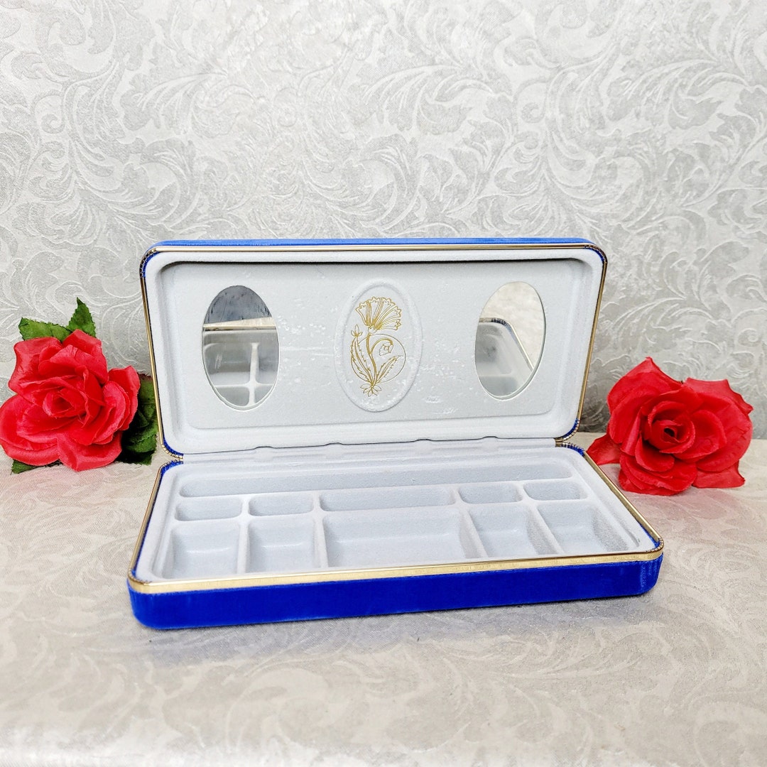 Vintage Royal Blue Velvet Jewelry Box/case With Gold Flower Etsy