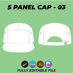 May include: A white 5 panel cap mockup template, shown from the front and side views. The template is fully editable and available in AI, PDF, and Canva formats.
