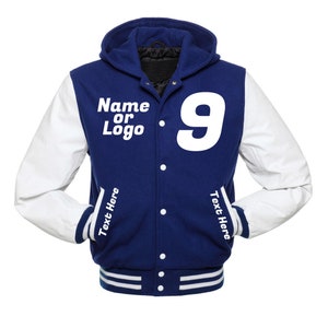 May include: A blue and white varsity jacket with a white leather sleeve. The jacket has a hood and a large white number 9 on the front. The text "Name or Logo" is on the left side of the jacket and "Text Here" is on the right side.
