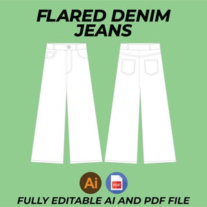 May include: A white outline illustration of flared denim jeans, showing both the front and back views. The text "FLARED DENIM JEANS" is at the top of the image. The text "FULLY EDITABLE AI AND PDF FILE" is at the bottom of the image, along with icons for Adobe Illustrator and PDF.