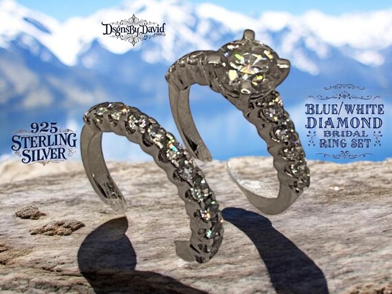 BLUE/WHITE DIAMOND Engagement-Wedding-Bridal Ring Set