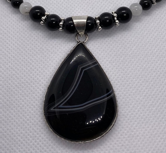 BANDED BLACK ONYX Pendant Necklace