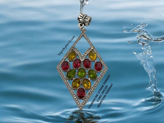 STUNNING Tourmaline Citrine Peridot CZ Pendant Necklace