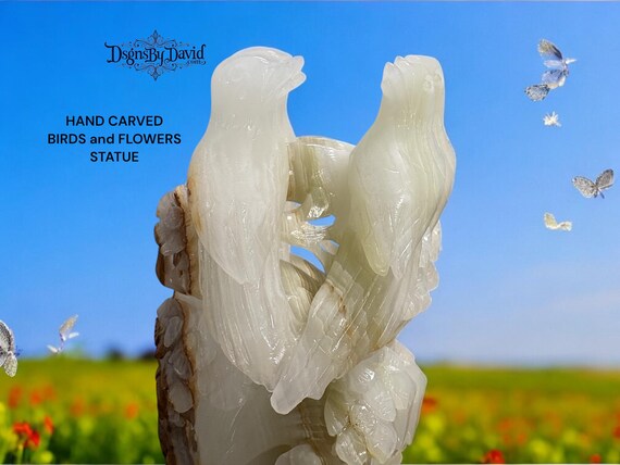 HAND CARVED JADE Birds and Flowers Statue