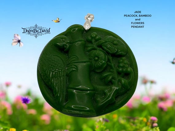 NATURAL JADE Peacock, Bamboo & Flowers Pendant Necklace