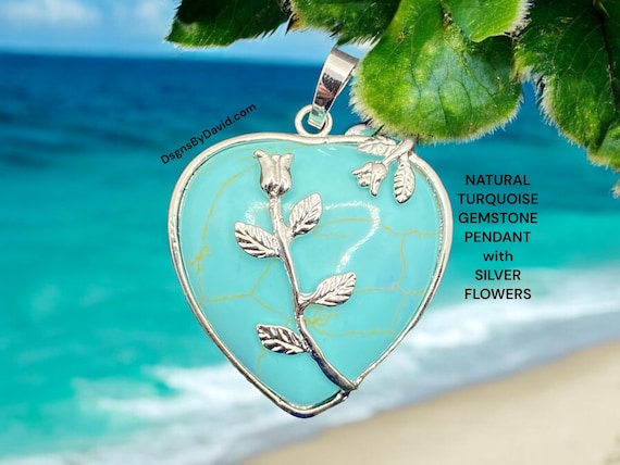 NATURAL TURQUOISE with SILVER Flowers Breaded Necklace