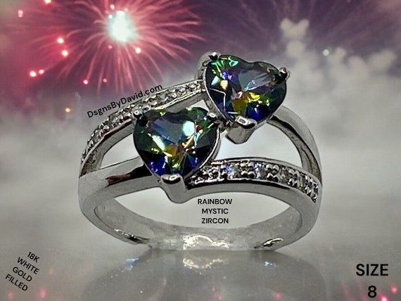 DOUBLE HEART Rainbow Mystic ZIRCON Ring (8)