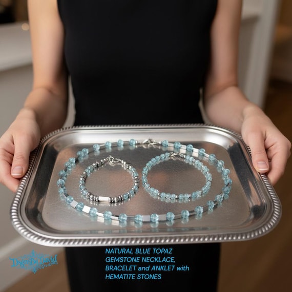 NATURAL BLUE TOPAZ Gemstone Necklace, Bracelet and Anklet with Hematite Stones