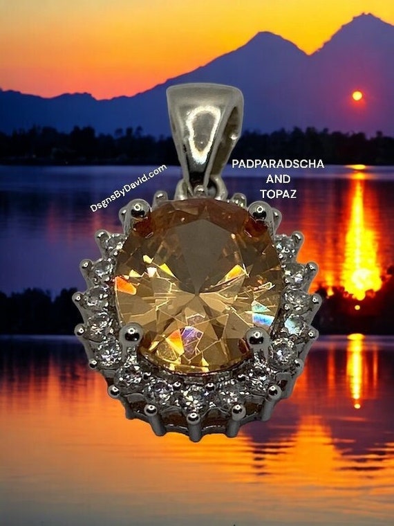 SPARKLY PADPARADSCHA SAPPHIRE and White Topaz Pendant Necklace