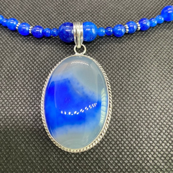 Banded BLUE LACE AGATE Pendant Beaded Necklace