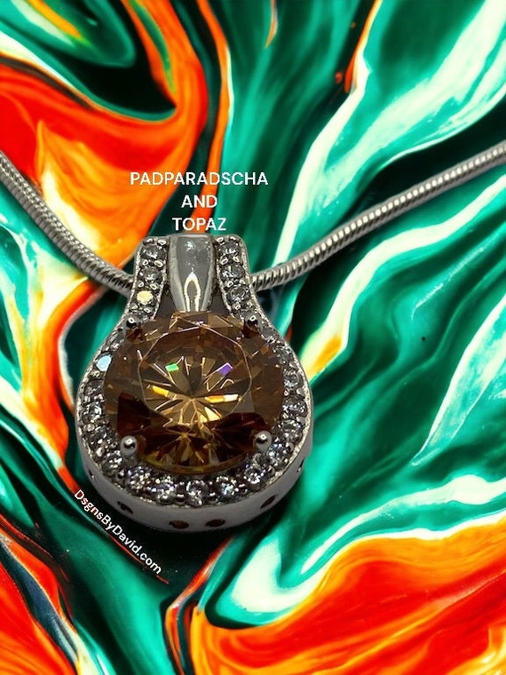 GLISTENING PADPARADSCHA SAPPHIRE and White Topaz Pendant Necklace