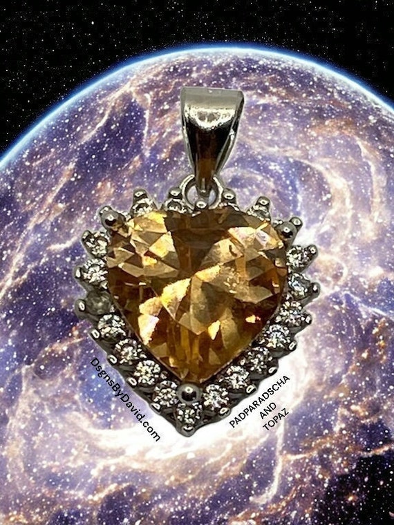 HEART PADPARADSCHA SAPPHIRE and White Topaz Pendant Necklace