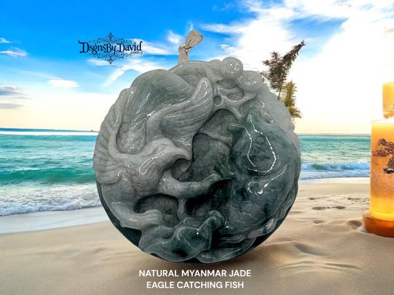 NATURAL MYANMAR JADE Eagle Catching Fish Pendant Necklace