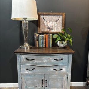May include: A distressed blue painted cabinet with two drawers and two doors. A decorative lamp with a silver base and white shade sits on top, along with a framed Highland cow print, books, and a potted plant. The cabinet has black hardware.