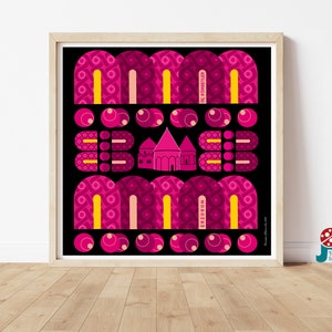 Dekoratives Poster druckbare Wandkunst, schwarz rosa Geometrischer Druck Digitaler Download, Quadratische Islamische Wanddekoration