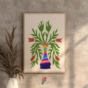 Arte de pared imprimible con jarrón de tulipanes. Póster floral vibrante. Regalo para sala de estar. Impresión de decoración del hogar en formato JPG. Decoración de pared con flores modernas