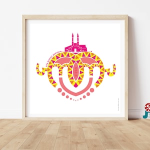 Dekoratives Poster druckbare Wandkunst, rosa, gelber geometrischer Druck Digitaler Download, quadratisches islamisches Wanddekor