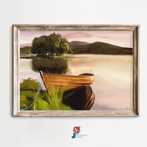 Lake and Boat Landscape Art: Vintage Oil Painting Print (Digital Download)