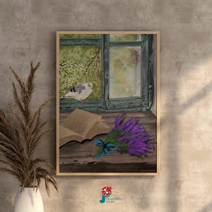 Vintage Window Printable Wall Art | Rustic Pigeon Wall Decor | Living Room Gift JPG Home Decor I Lavender Art For Cafe (Digital Download)
