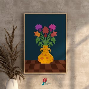 Arte de pared imprimible con flores coloridas / Póster de arte con jarrón amarillo / Regalo para sala de estar Impresión de decoración del hogar en formato JPG / Decoración de pared con flores modernas