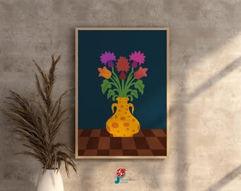 Arte de pared imprimible con flores coloridas / Póster de arte con jarrón amarillo / Regalo para sala de estar Impresión de decoración del hogar en formato JPG / Decoración de pared con flores modernas