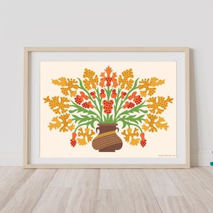 Arte de pared imprimible con flores de color amarillo anaranjado | Póster con jarrón y flores marrones | Regalo para la sala de estar | Impresión de decoración del hogar en formato JPG | Regalo de flores para el hogar